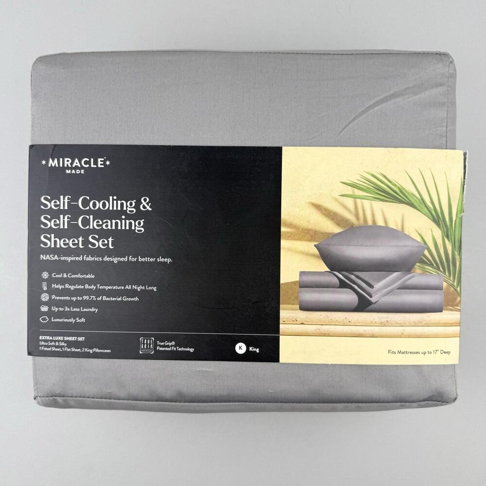 Miracle Made Sheet Set King EXTRA LUXE Stone Gray Cooling Self-Cleaning Sateen